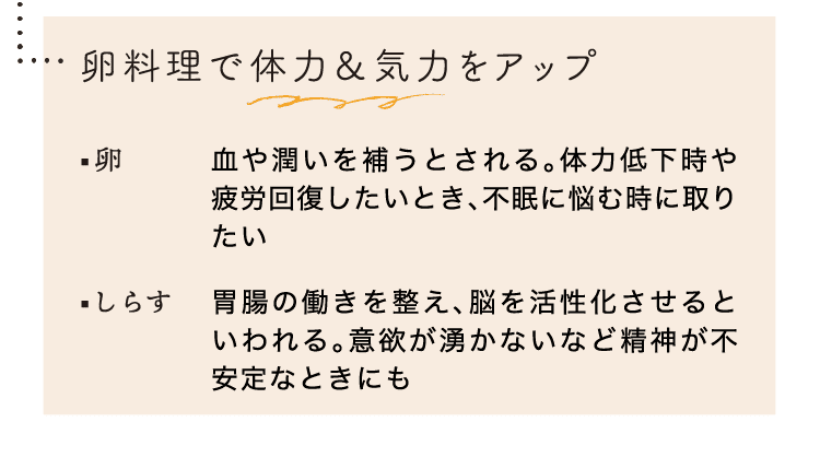 卵料理で体力＆気力をアップ｜卵｜血や潤いを補うとされる。体力低下時や疲労回復したいとき、不眠に悩む時に取りたい｜しらす｜胃腸の働きを整え、脳を活性化させるといわれる。意欲が湧かないなど精神が不安定なときにも