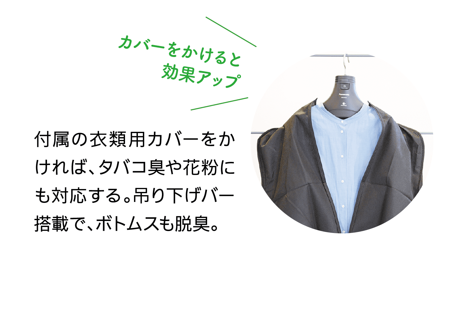 カバーをかけると効果アップ｜付属の衣類用カバーをかければ、タバコ臭や花粉にも対応する。吊り下げバー搭載で、ボトムスも脱臭。