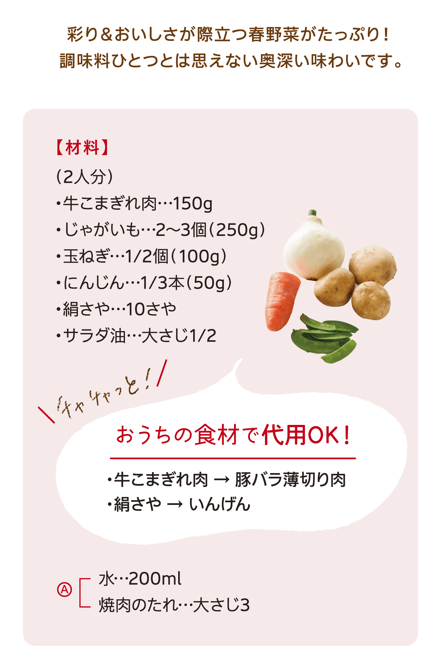 彩り＆おいしさが際立つ春野菜がたっぷり！調味料ひとつとは思えない奥深い味わいです。｜【材料】（2人分）｜牛こまぎれ肉…150g／じゃがいも…2～3個（250g）／玉ねぎ…1/2個（100g）／にんじん…1/3本（50g）／絹さや…10さや／サラダ油…大さじ1/2｜チャチャッと！｜おうちの食材で代用OK！｜牛こまぎれ肉 → 豚バラ薄切り肉／絹さや → いんげん｜A｜水…200ml／焼肉のたれ…大さじ3