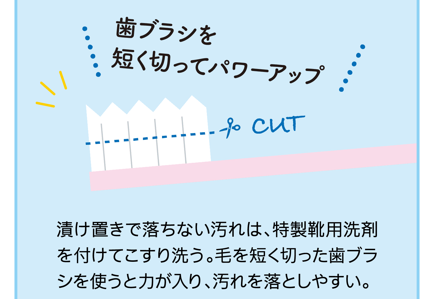 歯ブラシを短く切ってパワーアップ｜漬け置きで落ちない汚れは、特製靴用洗剤を付けてこすり洗う。毛を短く切った歯ブラシを使うと力が入り、汚れを落としやすい。