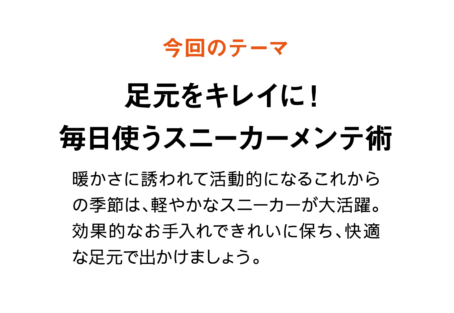 今回のテーマ｜足元をキレイに！毎日使うスニーカーメンテ術｜暖かさに誘われて活動的になるこれからの季節は、軽やかなスニーカーが大活躍。効果的なお手入れできれいに保ち、快適な足元で出かけましょう。