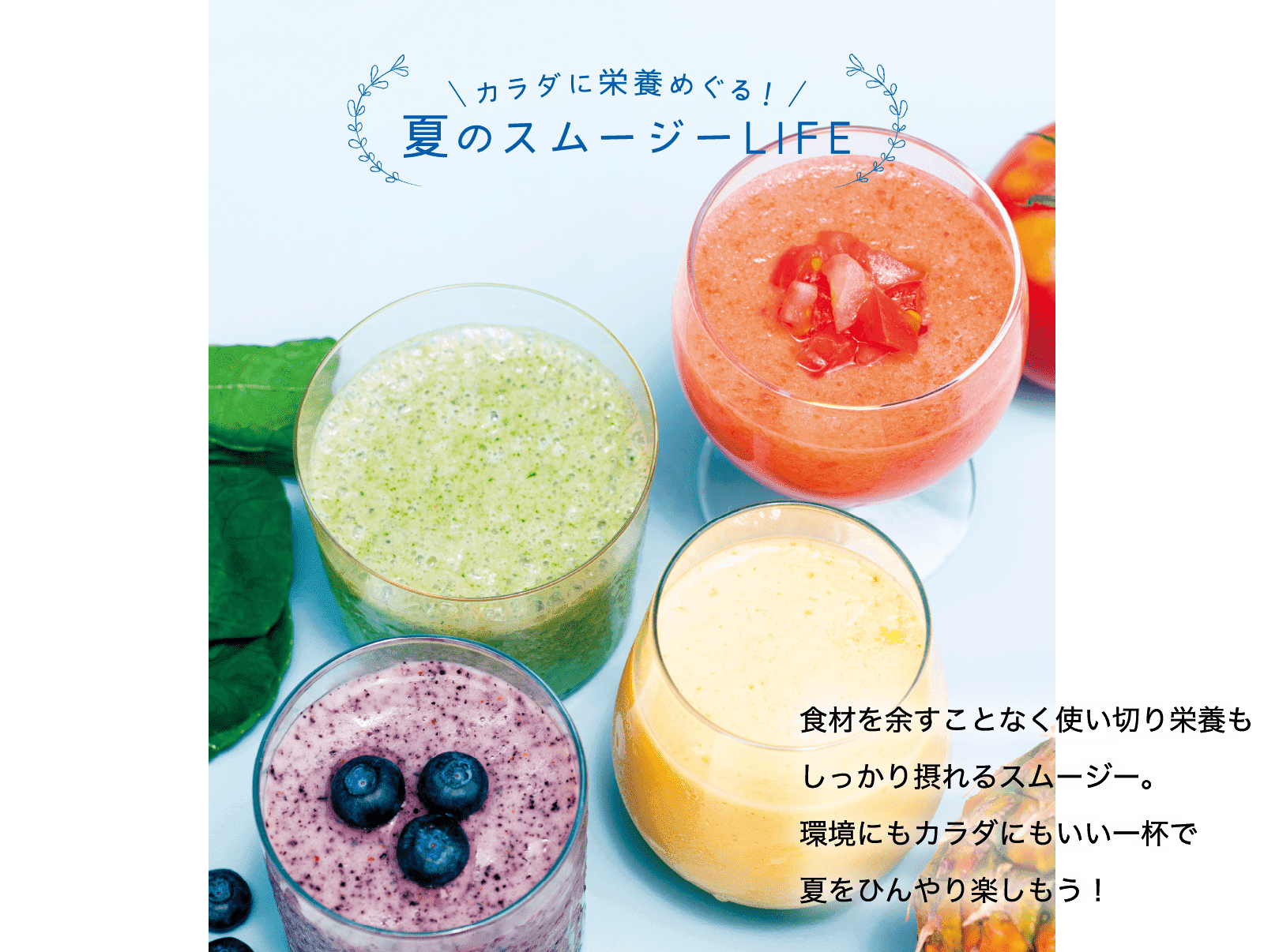 カラダに栄養めぐる！｜夏のスムージーLIFE｜食材を余すことなく使い切り栄養もしっかり摂れるスムージー。環境にもカラダにもいい一杯で夏をひんやり楽しもう！