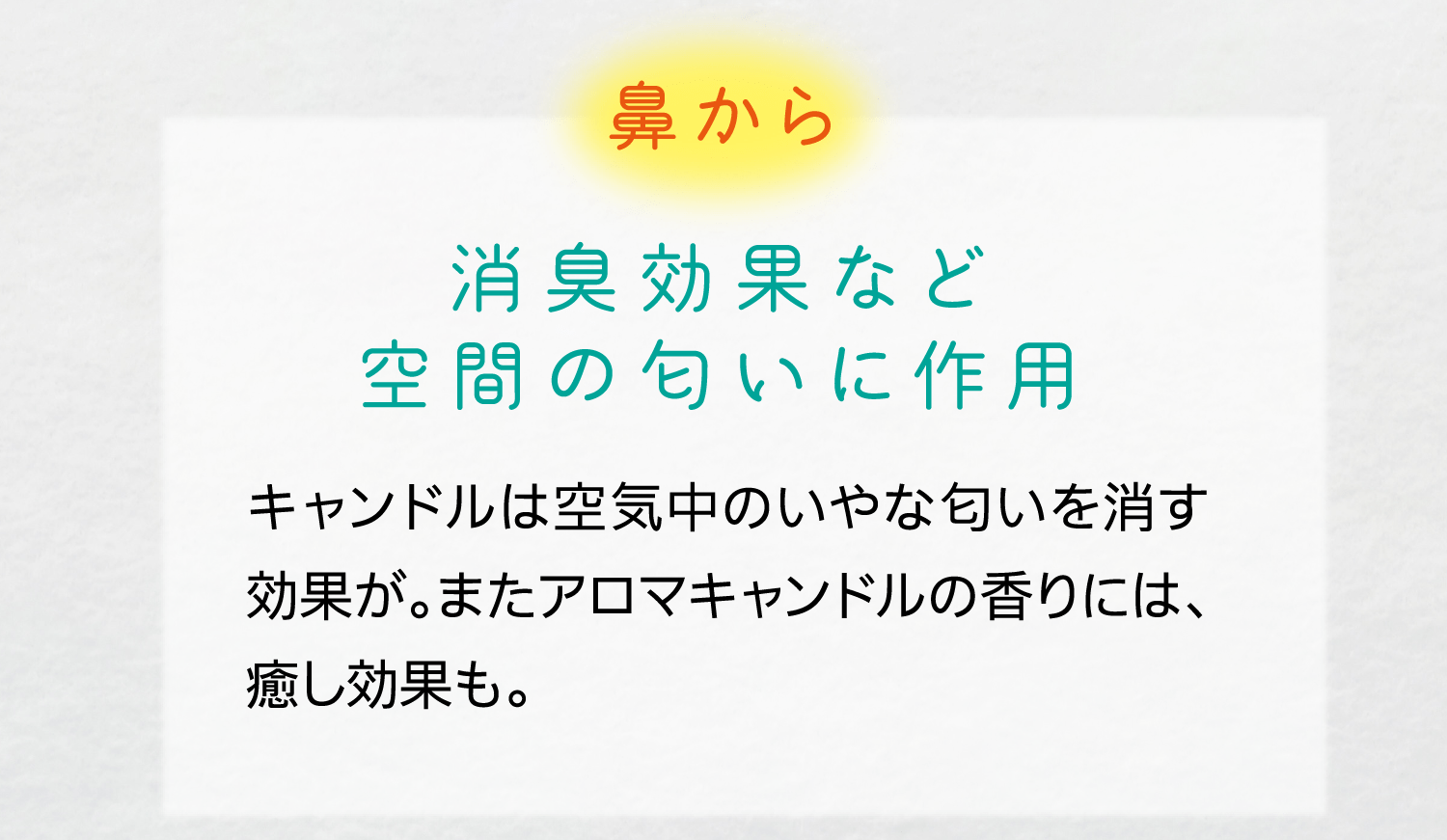 鼻から｜消臭効果など空間の匂いに作用｜キャンドルは空気中のいやな匂いを消す効果が。またアロマキャンドルの香りには、癒し効果も。