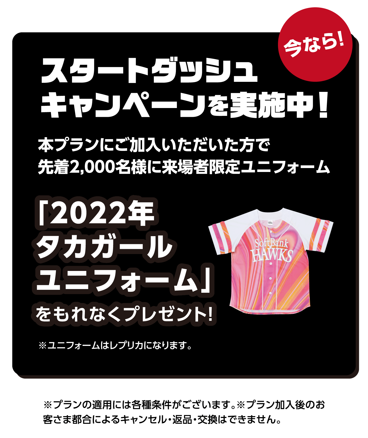 今なら！｜スタートダッシュキャンペーンを実施中！｜本プランにご加入いただいた方で先着2,０00名様に来場者限定ユニフォーム｜「2022年タカガールユニフォーム」をもれなくプレゼント！｜※ユニフォームはレプリカになります。