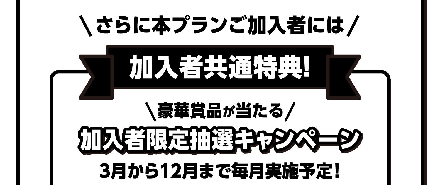 さらに本プランご加入者には｜加入者共通特典！｜豪華賞品が当たる｜加入者限定抽選キャンペーン｜3月から12月まで毎月実施予定！