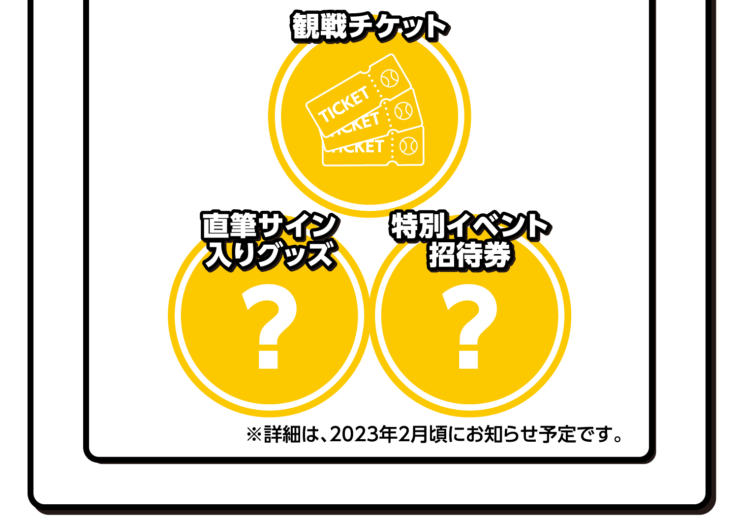 観戦チケット｜直筆サイン入りグッズ｜特別イベント招待券｜※詳細は、2023年2月頃にお知らせ予定です。