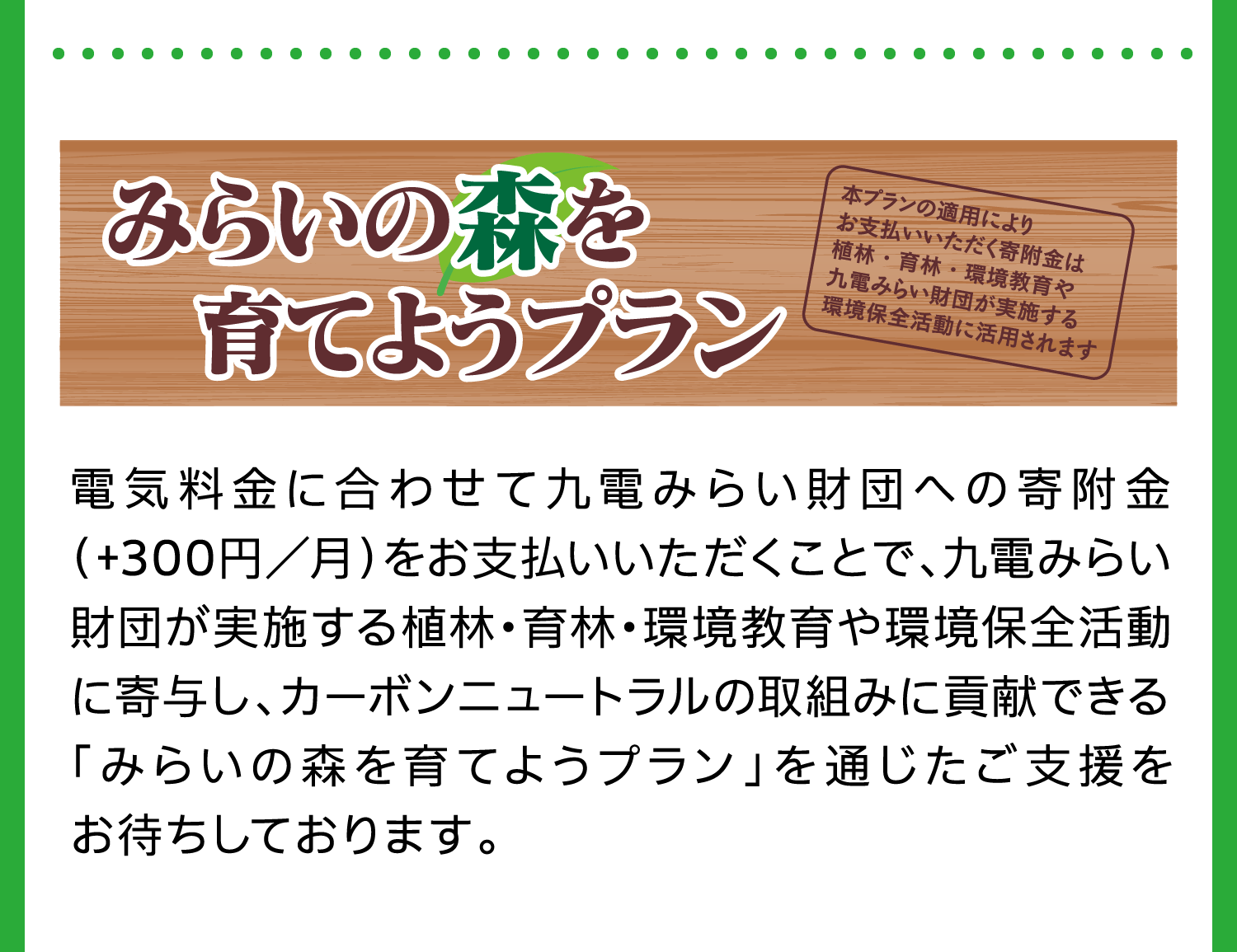 みらいの森を育てようプラン｜本プランの適用によりお支払いいただく寄附金は植林・育林・環境教育や九電みらい財団が実施する環境保全活動に活用されます｜電気料金に合わせて九電みらい財団への寄附金（+300円／月）をお支払いいただくことで、九電みらい財団が実施する植林・育林・環境教育や環境保全活動に寄与し、カーボンニュートラルの取組みに貢献できる「みらいの森を育てようプラン」を通じたご支援をお待ちしております。