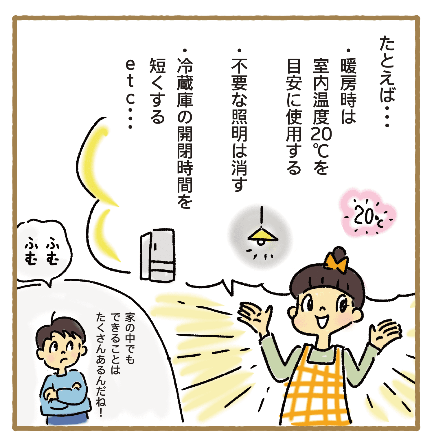 たとえば…｜暖房時は室内温度20℃を目安に使用する/不要な照明は消す/冷蔵庫の開閉時間を短くする｜etc…｜ふむふむ｜家の中でもできることはたくさんあるんだね！