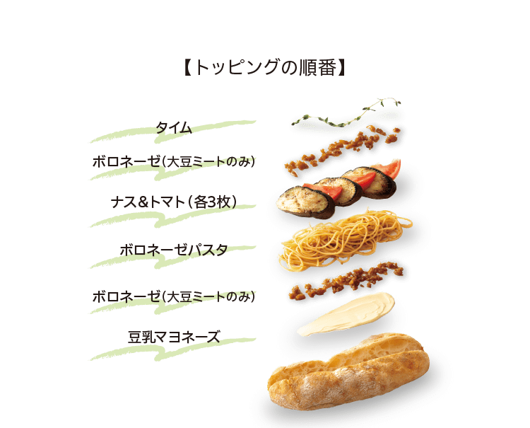 【トッピングの順番】｜タイム｜ボロネーゼ（大豆ミートのみ）｜ナス＆トマト（各3枚）｜ボロネーゼパスタ｜ボロネーゼ（大豆ミートのみ）｜豆乳マヨネーズ