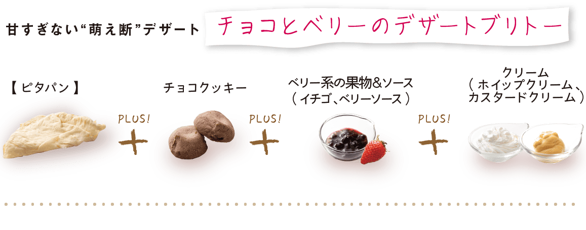 甘すぎない“萌え断”デザート｜チョコとベリーのデザートブリトー｜【ピタパン】＋｜チョコクッキー ＋｜ベリー系の果物＆ソース｜（イチゴ、ベリーソース）＋｜クリーム（ホイップクリーム、カスタードクリーム）