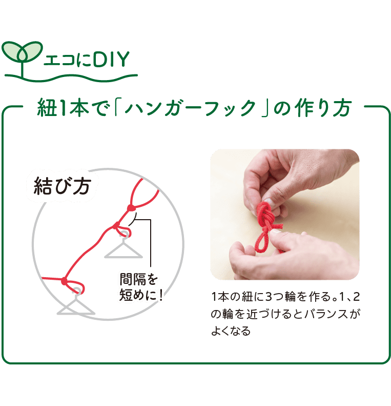 エコにDIY｜紐1本で「ハンガーフック」の作り方｜結び方｜間隔を短めに！｜1本の紐に3つ輪を作る。1、2の輪を近づけるとバランスがよくなる